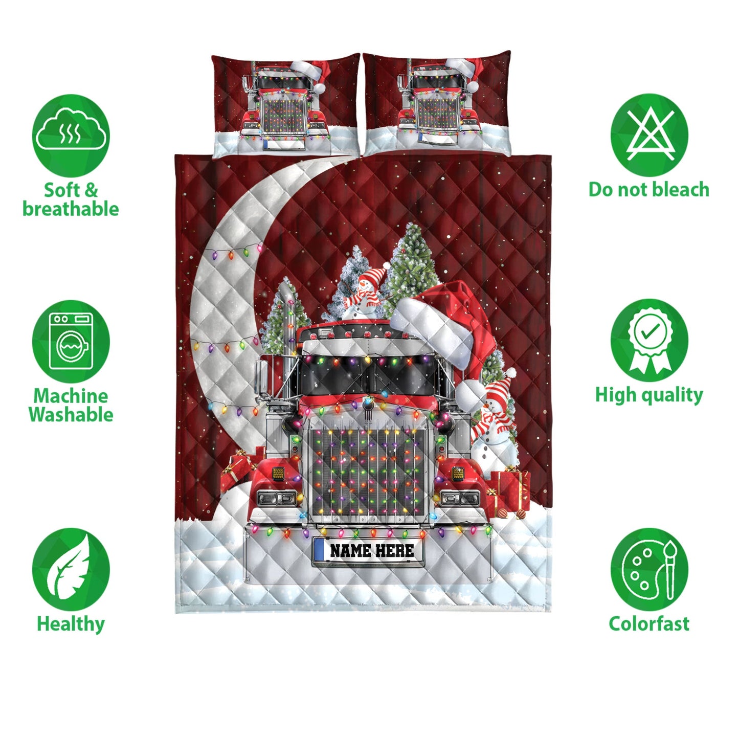 Personalized Trucker Quilt Set, Red Truckermas Hat With String Light Quilt Blanket With Pillowcases, Custom Name Quilt Bedding Set, Christmas Gift