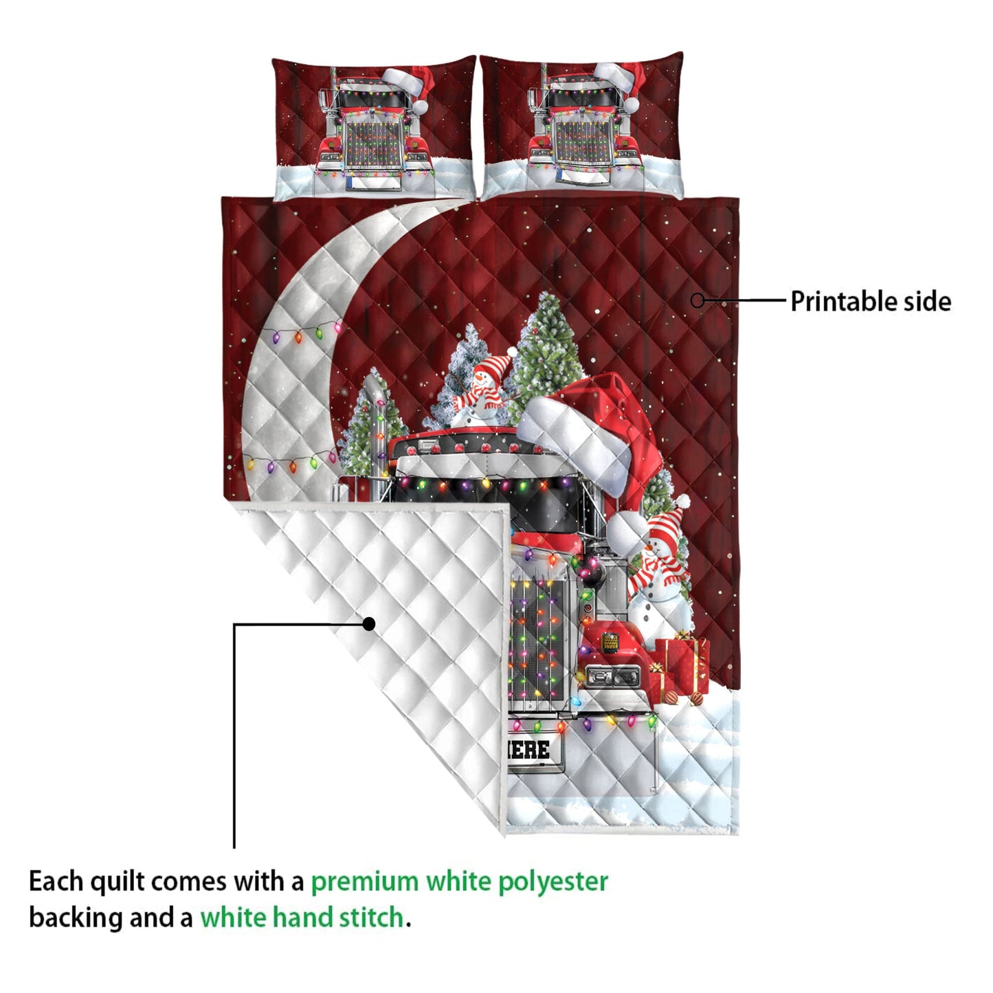 Personalized Trucker Quilt Set, Red Truckermas Hat With String Light Quilt Blanket With Pillowcases, Custom Name Quilt Bedding Set, Christmas Gift