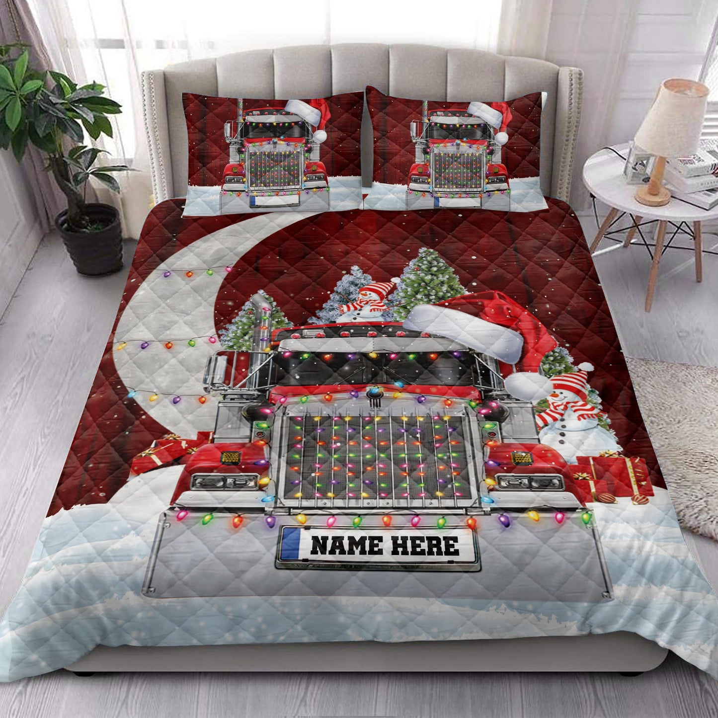Personalized Trucker Quilt Set, Red Truckermas Hat With String Light Quilt Blanket With Pillowcases, Custom Name Quilt Bedding Set, Christmas Gift