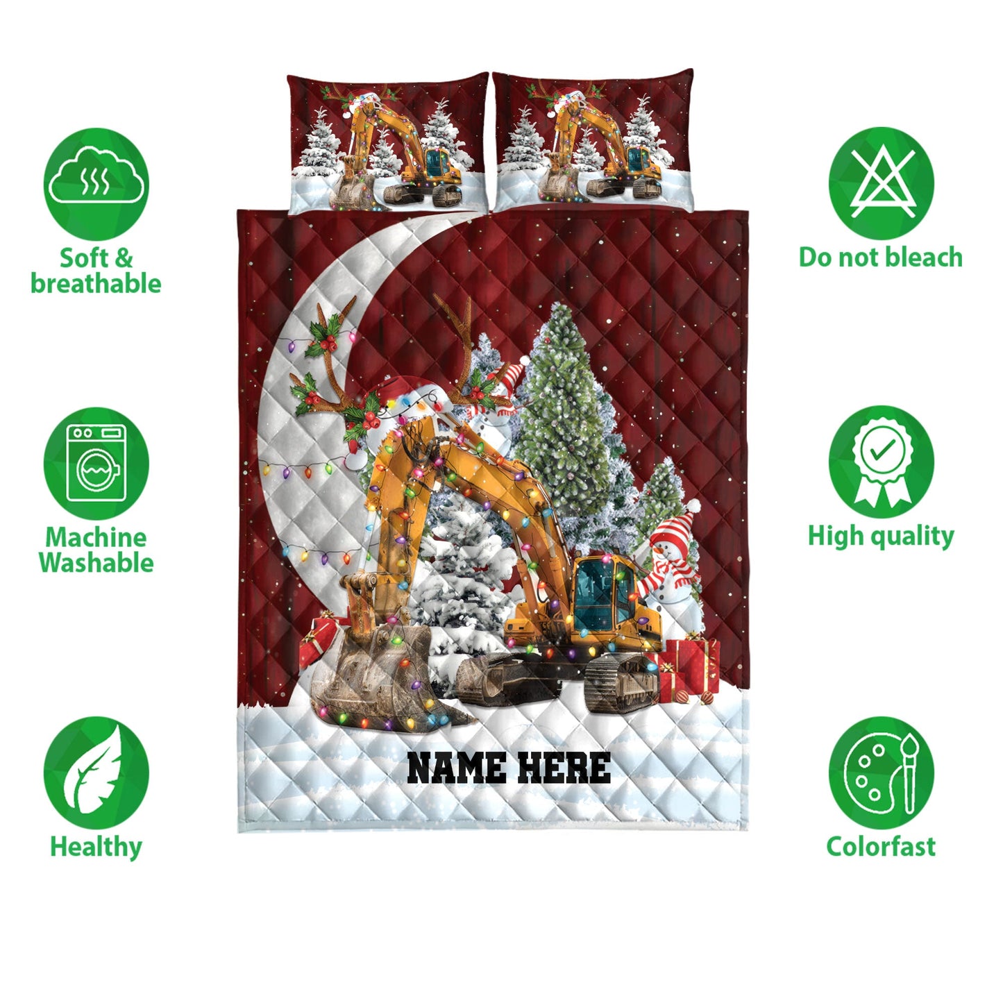 Personalized Excavator Quilt Set, Excavatormas Hat With String Lights Quilt Blanket With Pillowcases, Custom Name Quilt Bedding Set, Christmas Gift