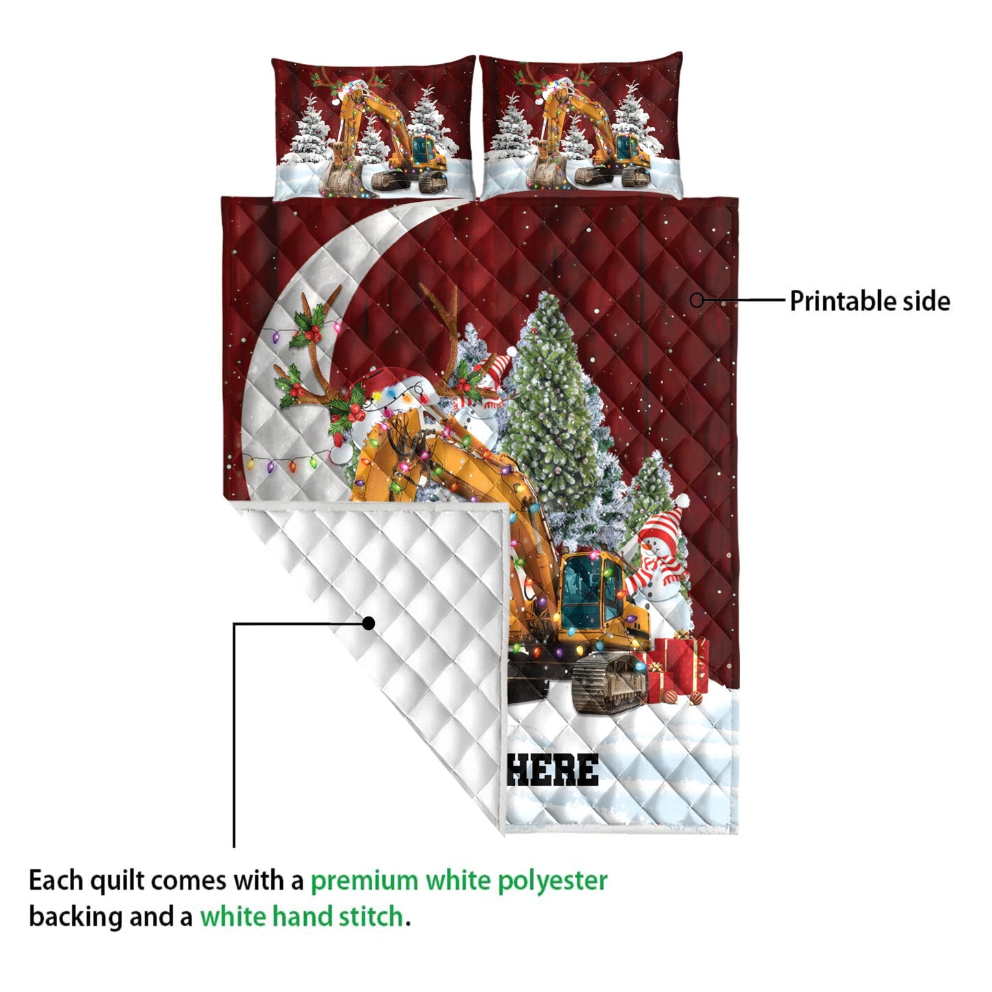 Personalized Excavator Quilt Set, Excavatormas Hat With String Lights Quilt Blanket With Pillowcases, Custom Name Quilt Bedding Set, Christmas Gift