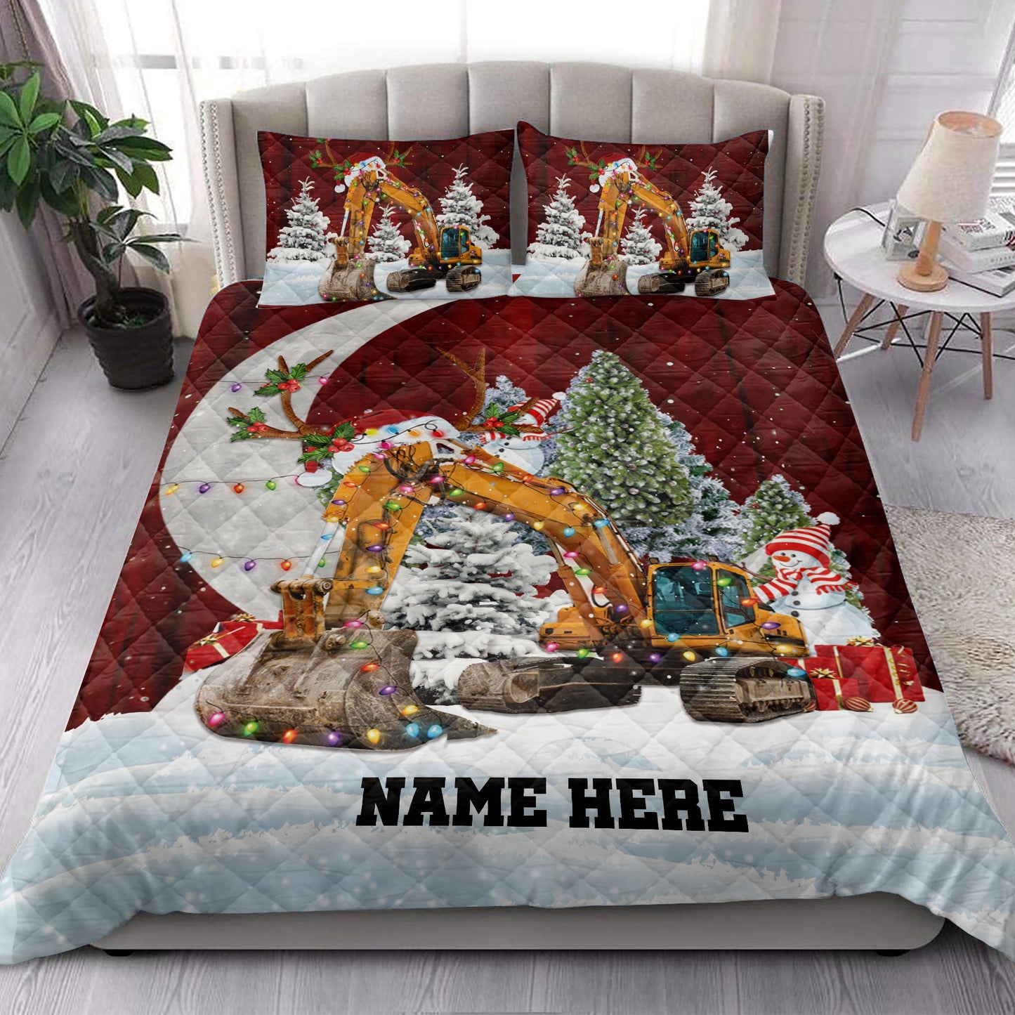 Personalized Excavator Quilt Set, Excavatormas Hat With String Lights Quilt Blanket With Pillowcases, Custom Name Quilt Bedding Set, Christmas Gift