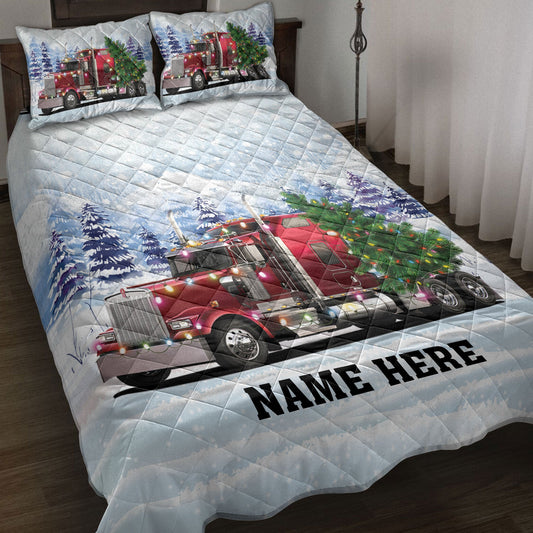 Personalized Trucker Quilt Set, Red Truckermas Tree String Lights Quilt Blanket With Pillowcases, Custom Name Quilt Bedding Set, Christmas Gift