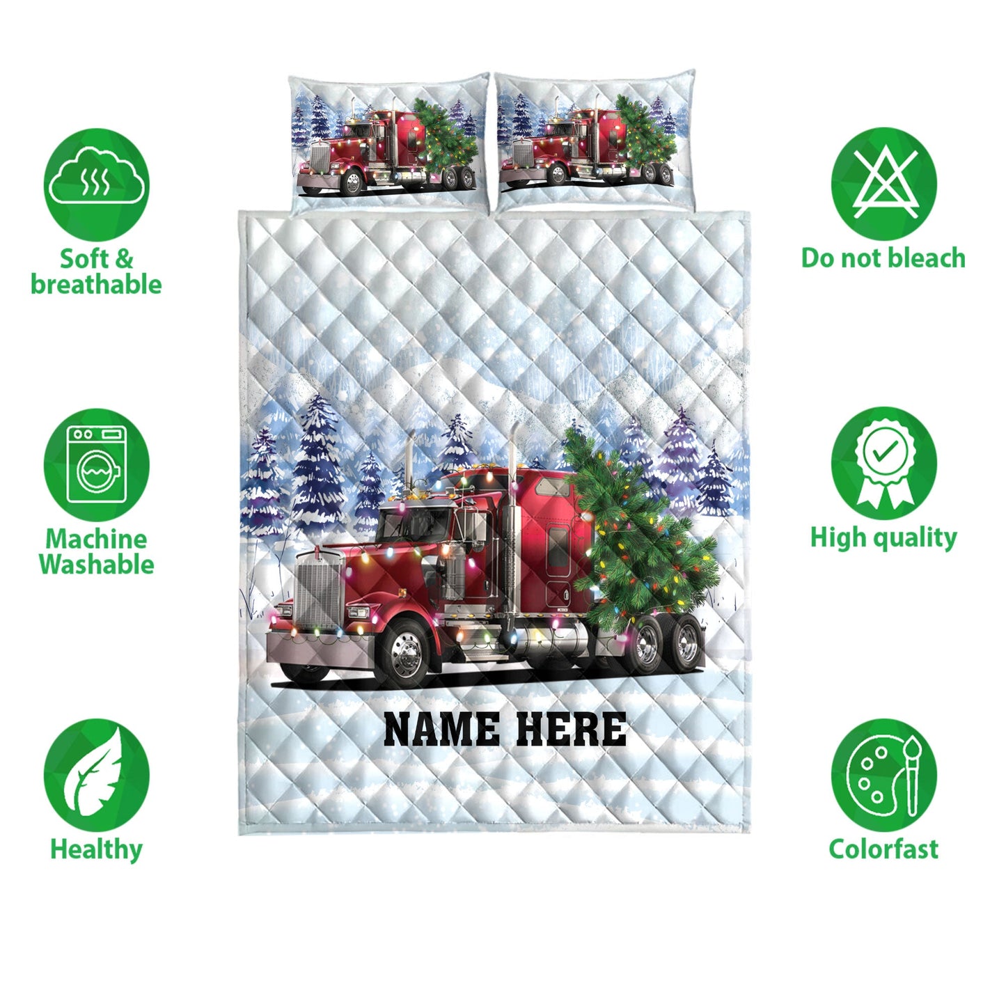 Personalized Trucker Quilt Set, Red Truckermas Tree String Lights Quilt Blanket With Pillowcases, Custom Name Quilt Bedding Set, Christmas Gift