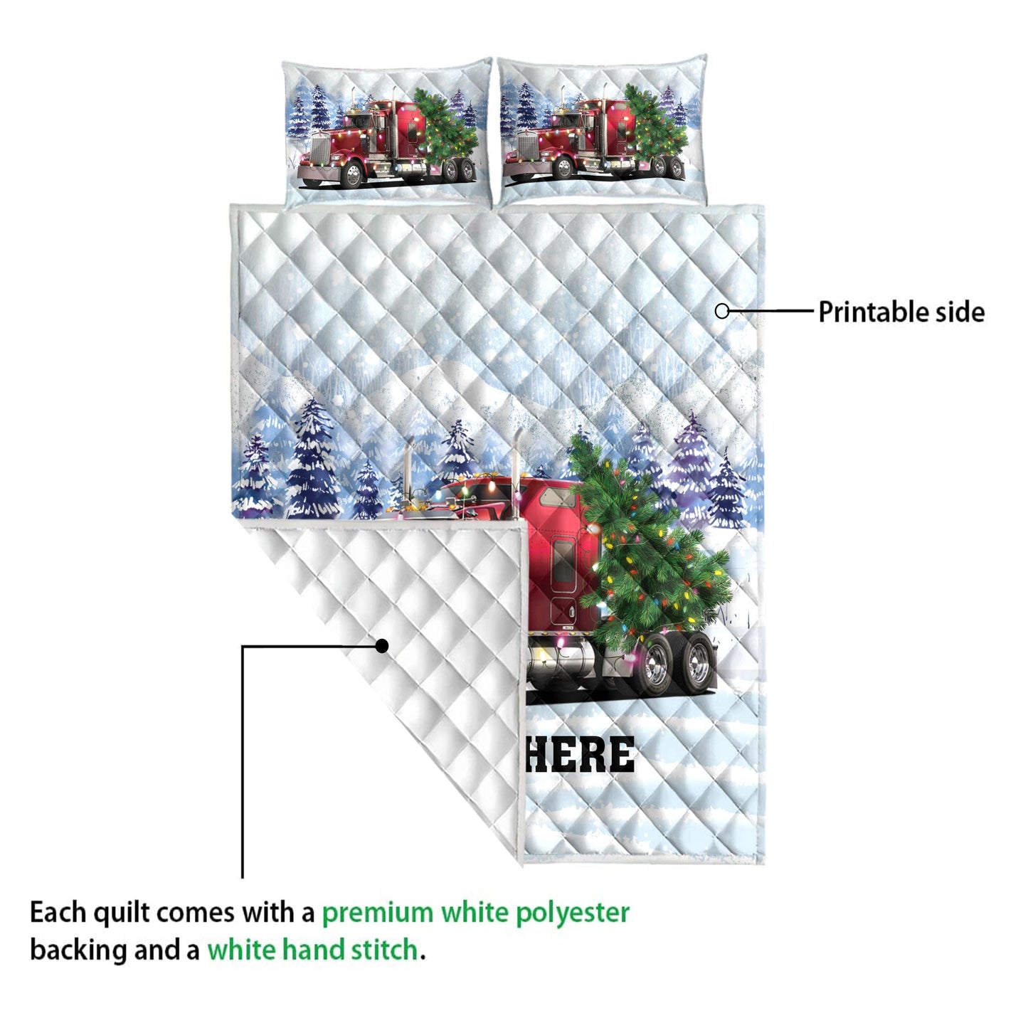 Personalized Trucker Quilt Set, Red Truckermas Tree String Lights Quilt Blanket With Pillowcases, Custom Name Quilt Bedding Set, Christmas Gift