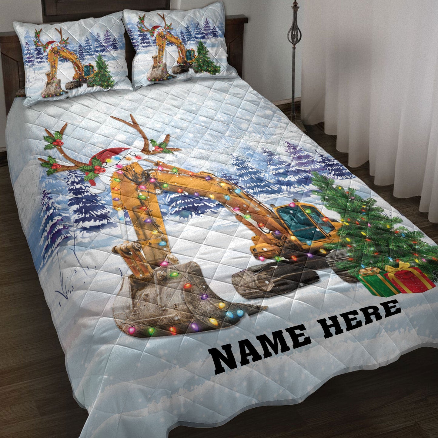 Personalized Excavator Quilt Set, Excavatormas Tree String Lights Quilt Blanket With Pillowcases, Custom Name Quilt Bedding Set, Christmas Gift