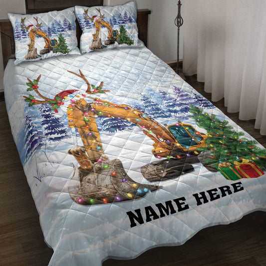 Personalized Excavator Quilt Set, Excavatormas Tree String Lights Quilt Blanket With Pillowcases, Custom Name Quilt Bedding Set, Christmas Gift