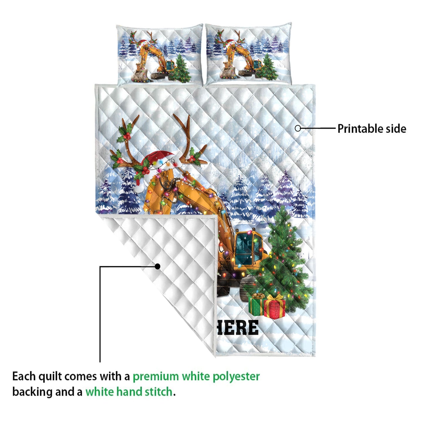 Personalized Excavator Quilt Set, Excavatormas Tree String Lights Quilt Blanket With Pillowcases, Custom Name Quilt Bedding Set, Christmas Gift