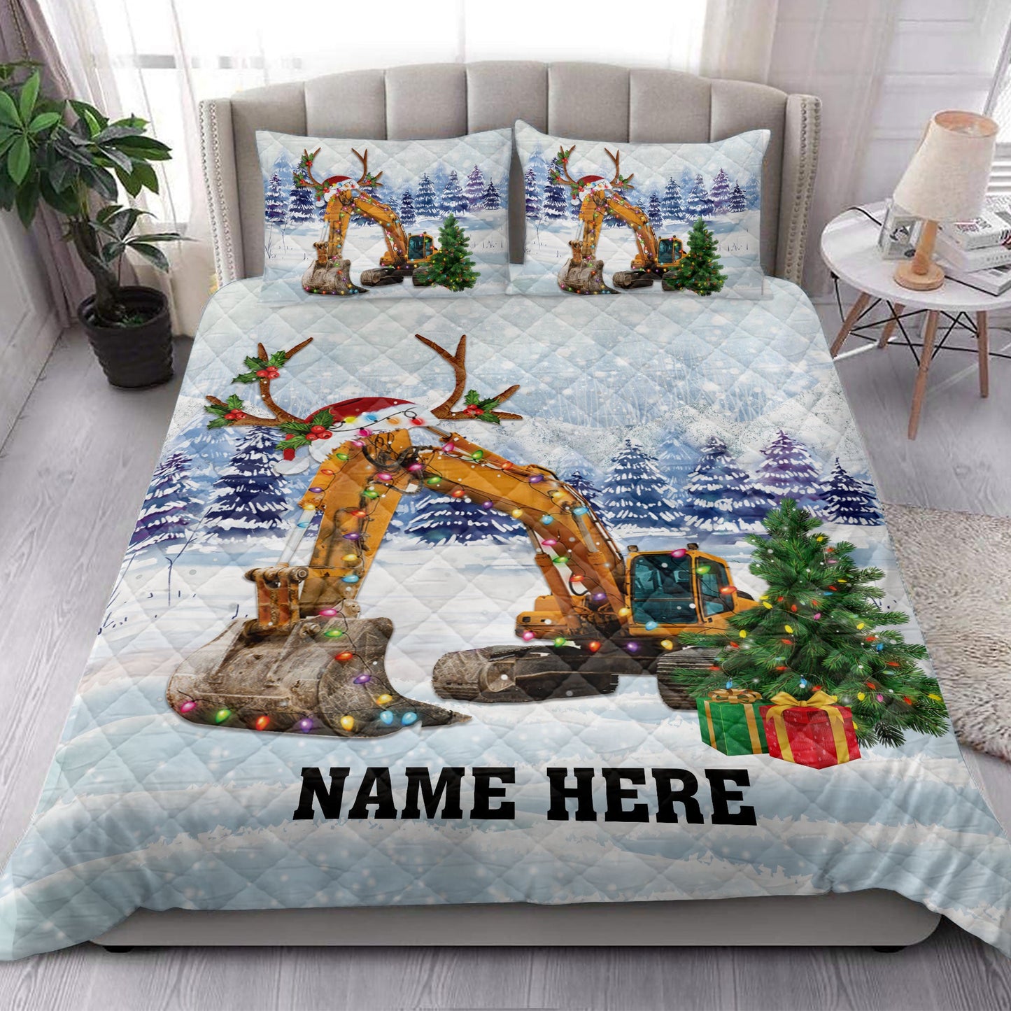 Personalized Excavator Quilt Set, Excavatormas Tree String Lights Quilt Blanket With Pillowcases, Custom Name Quilt Bedding Set, Christmas Gift