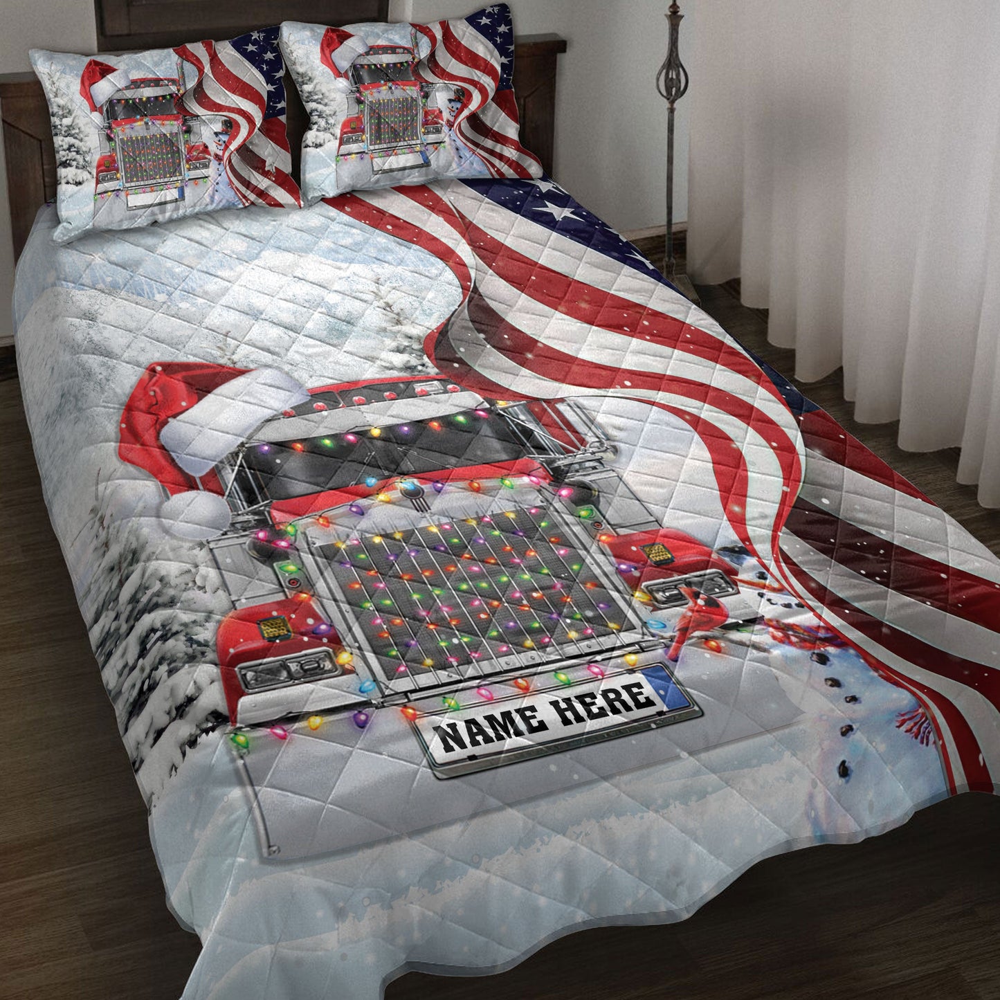 Personalized Trucker Quilt Set, Red Truckermas String Light Us Flag Quilt Blanket With Pillowcases, Custom Name Quilt Bedding Set, Christmas Gift