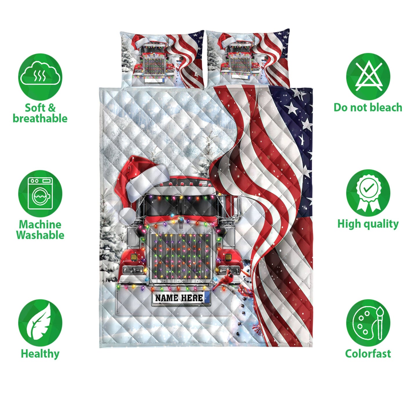 Personalized Trucker Quilt Set, Red Truckermas String Light Us Flag Quilt Blanket With Pillowcases, Custom Name Quilt Bedding Set, Christmas Gift