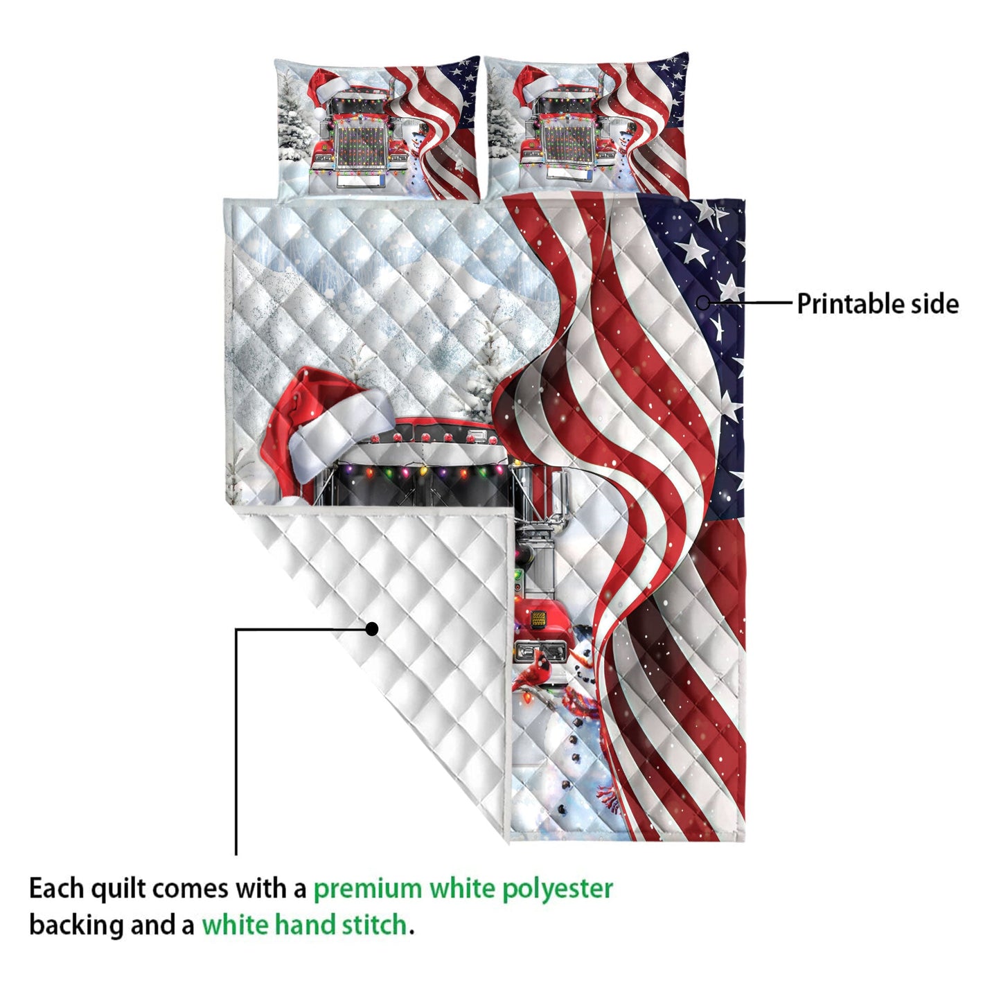 Personalized Trucker Quilt Set, Red Truckermas String Light Us Flag Quilt Blanket With Pillowcases, Custom Name Quilt Bedding Set, Christmas Gift