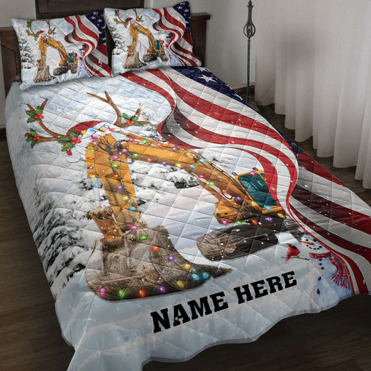 Personalized Excavator Quilt Set, Excavatormas String Light Us Flag Quilt Blanket With Pillowcases, Custom Name Quilt Bedding Set, Christmas Gift