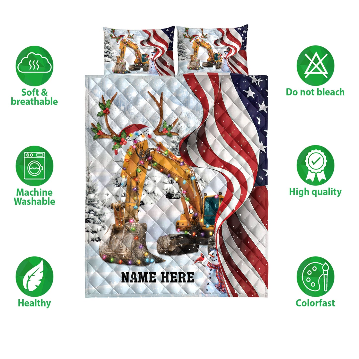 Personalized Excavator Quilt Set, Excavatormas String Light Us Flag Quilt Blanket With Pillowcases, Custom Name Quilt Bedding Set, Christmas Gift