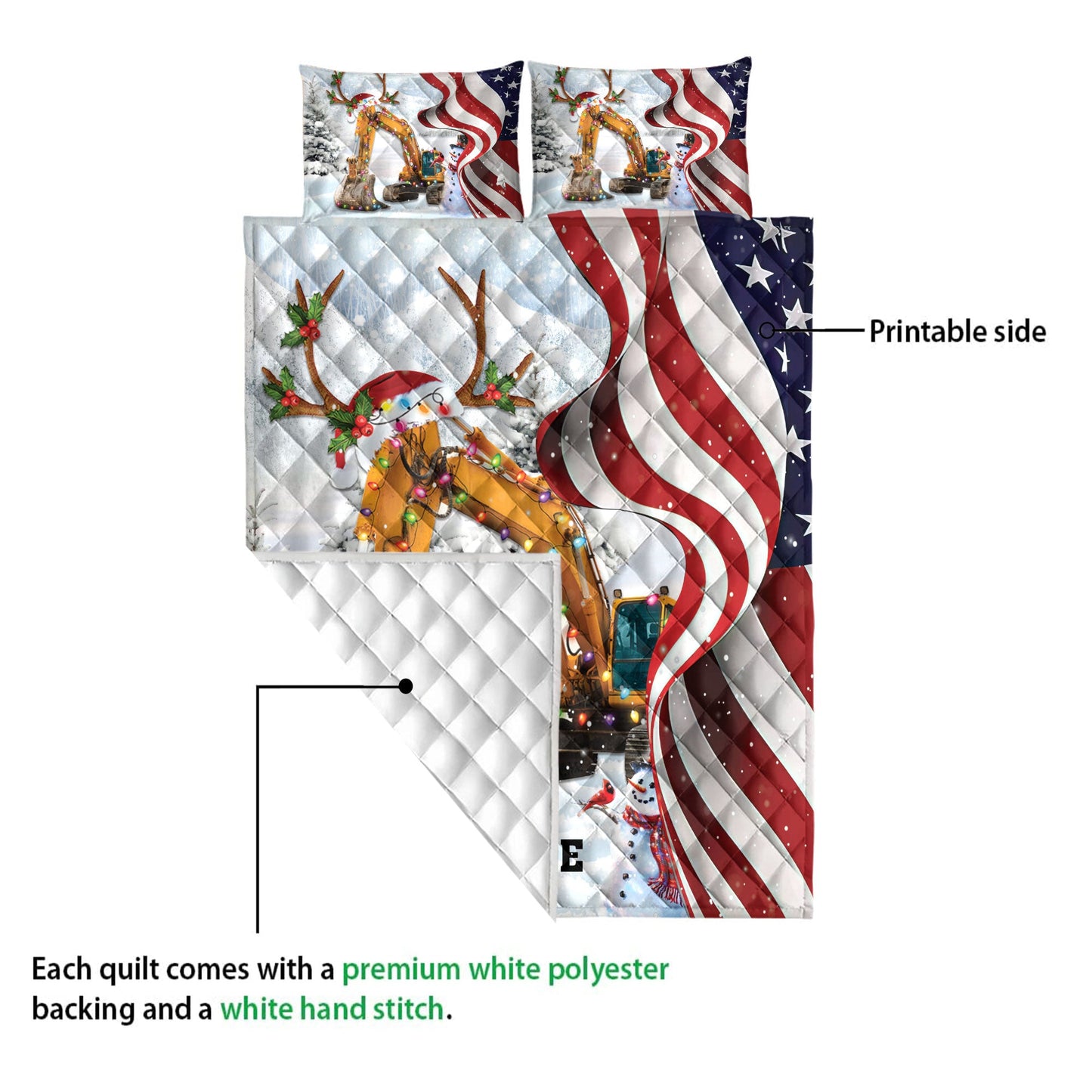 Personalized Excavator Quilt Set, Excavatormas String Light Us Flag Quilt Blanket With Pillowcases, Custom Name Quilt Bedding Set, Christmas Gift