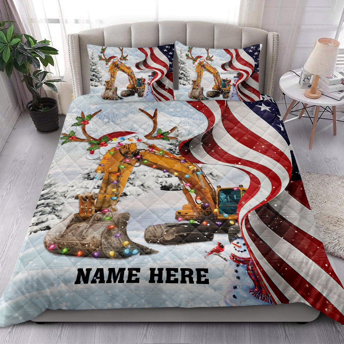 Personalized Excavator Quilt Set, Excavatormas String Light Us Flag Quilt Blanket With Pillowcases, Custom Name Quilt Bedding Set, Christmas Gift
