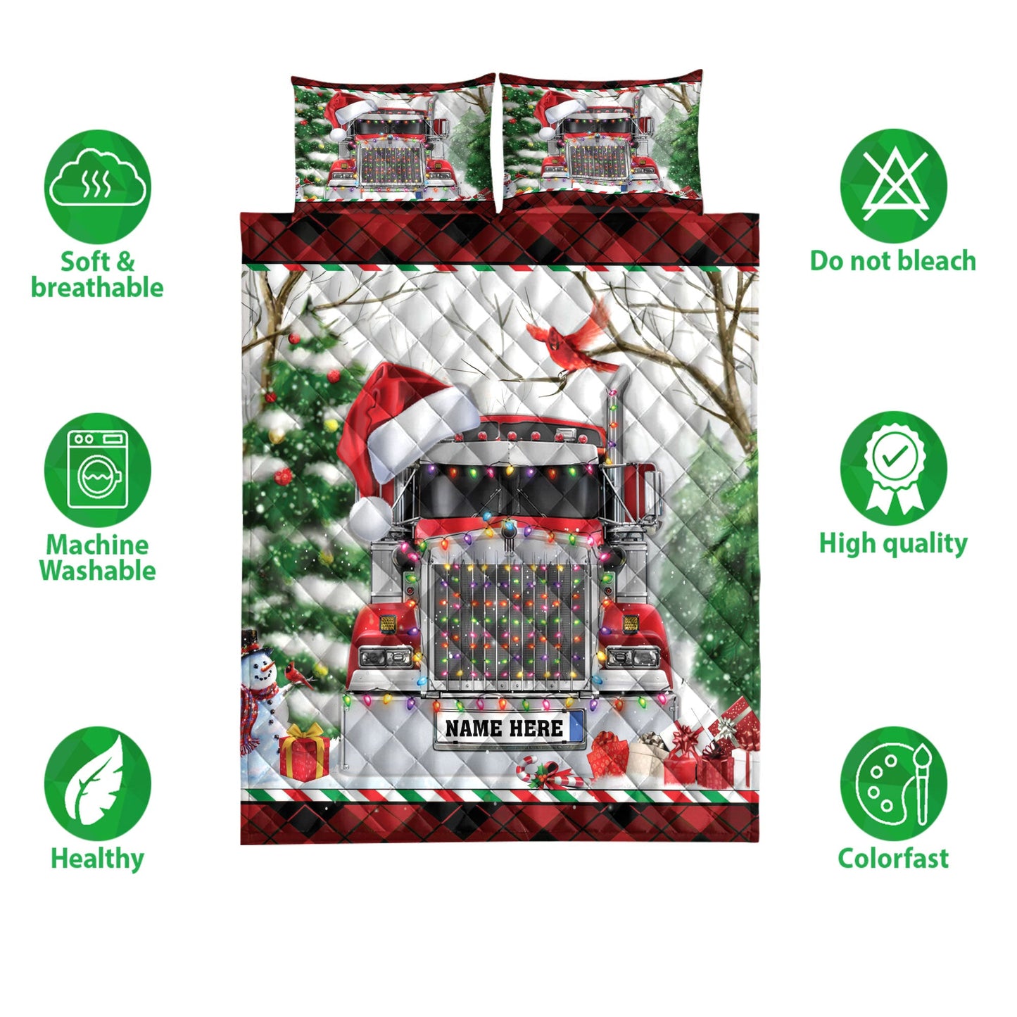 Personalized Trucker Quilt Set, Red Trucker Withmas String Light Quilt Blanket With Pillowcases, Custom Name Quilt Bedding Set, Christmas Gift