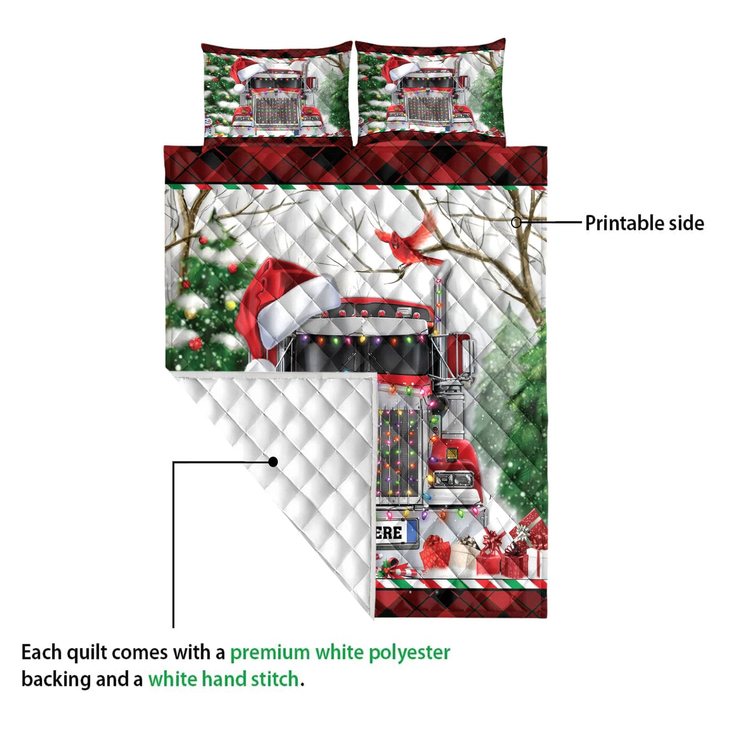 Personalized Trucker Quilt Set, Red Trucker Withmas String Light Quilt Blanket With Pillowcases, Custom Name Quilt Bedding Set, Christmas Gift