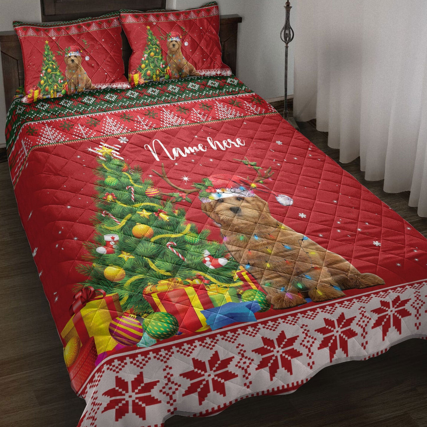 Personalized Goldendoodle Quilt Set, Goldendoodlemas Tree String Light Quilt Blanket With Pillowcases, Custom Name Quilt Bedding Set, Christmas Gift