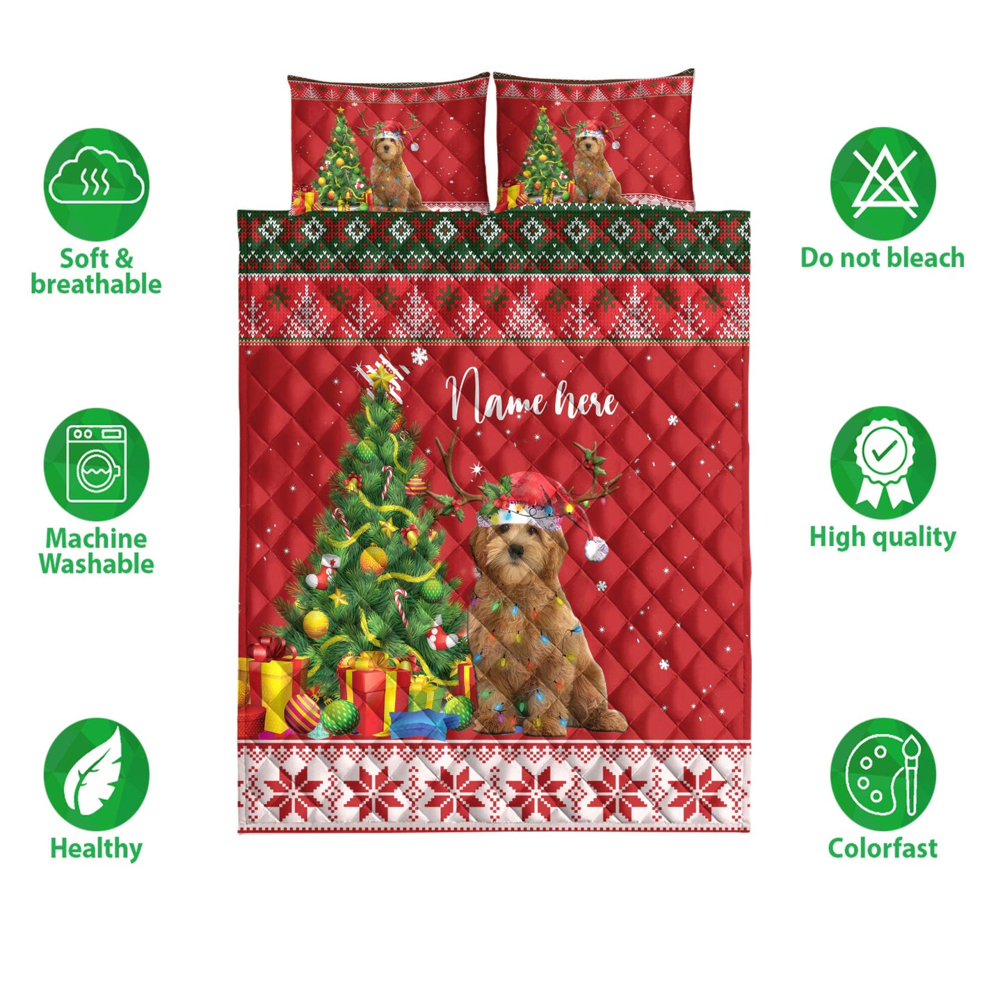 Personalized Goldendoodle Quilt Set, Goldendoodlemas Tree String Light Quilt Blanket With Pillowcases, Custom Name Quilt Bedding Set, Christmas Gift