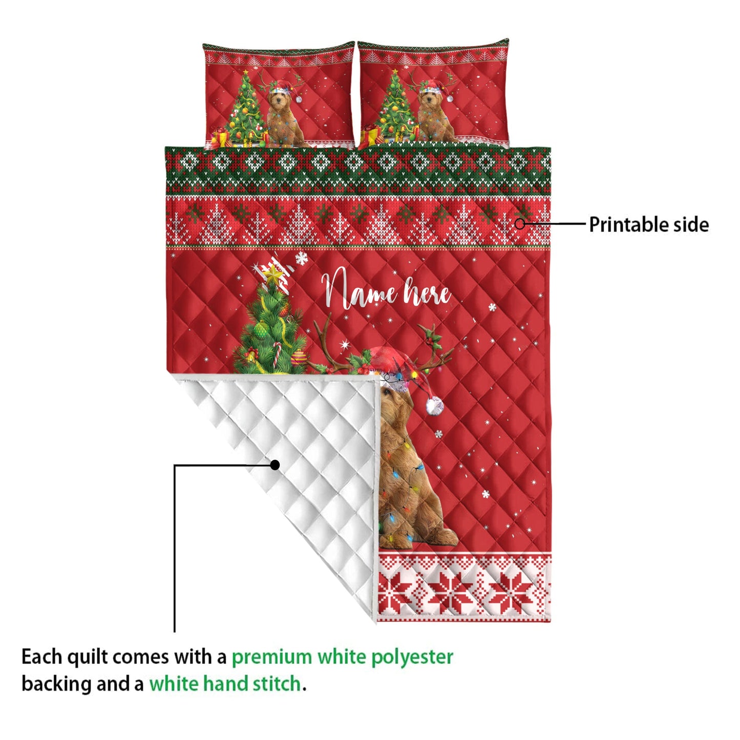 Personalized Goldendoodle Quilt Set, Goldendoodlemas Tree String Light Quilt Blanket With Pillowcases, Custom Name Quilt Bedding Set, Christmas Gift