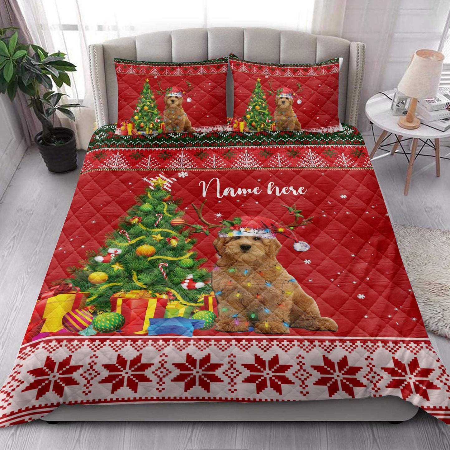 Personalized Goldendoodle Quilt Set, Goldendoodlemas Tree String Light Quilt Blanket With Pillowcases, Custom Name Quilt Bedding Set, Christmas Gift
