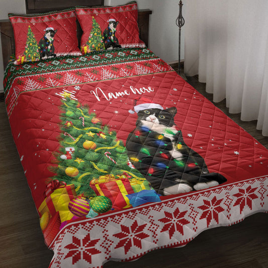 Personalized Tuxedo Cat Quilt Set, Tuxedo Catmas Tree String Light Quilt Blanket With Pillowcases, Custom Name Quilt Bedding Set, Christmas Gift