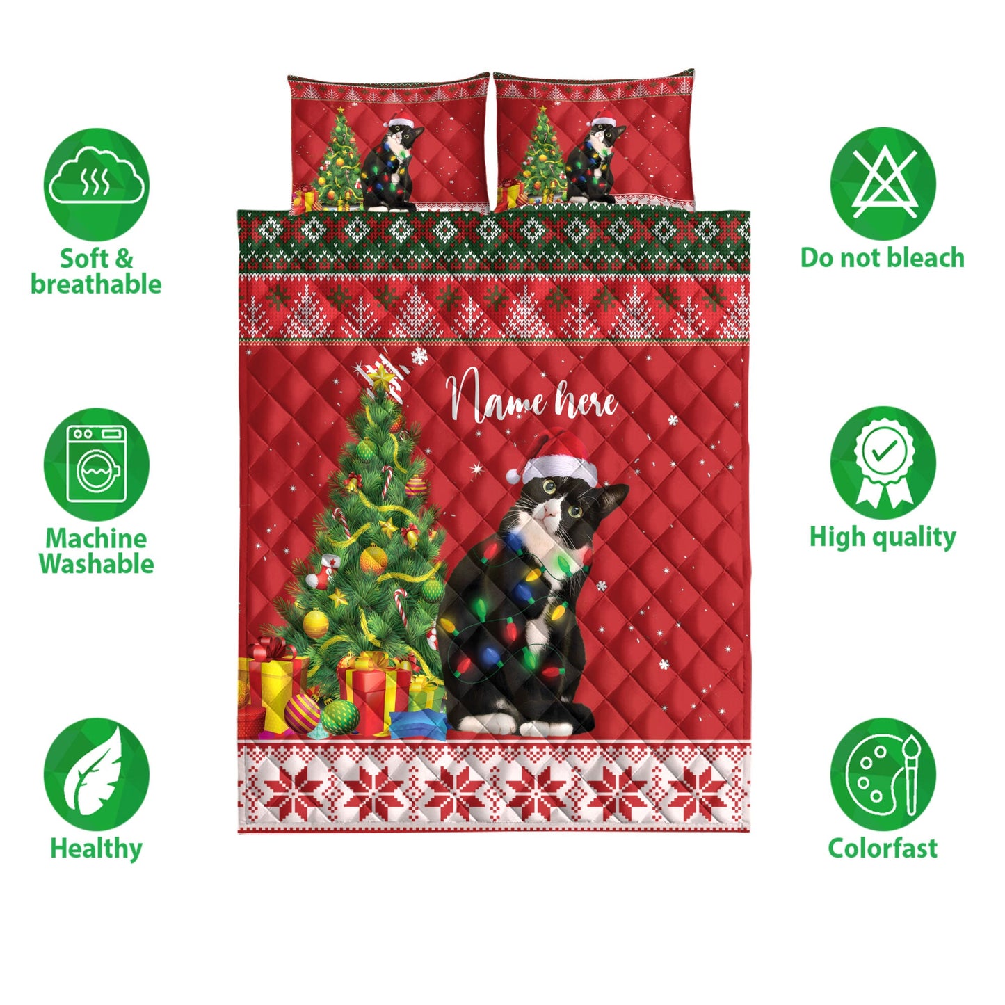 Personalized Tuxedo Cat Quilt Set, Tuxedo Catmas Tree String Light Quilt Blanket With Pillowcases, Custom Name Quilt Bedding Set, Christmas Gift