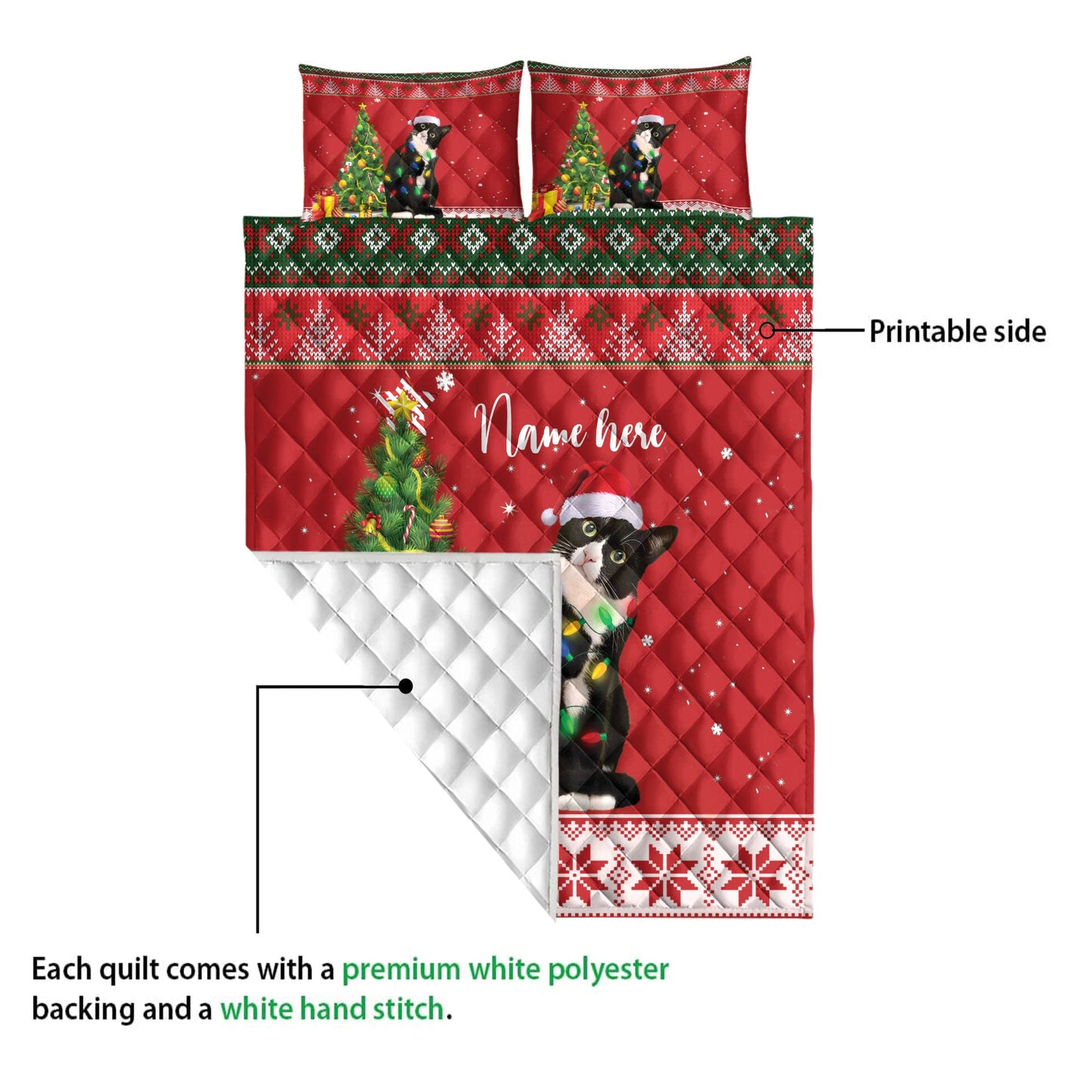 Personalized Tuxedo Cat Quilt Set, Tuxedo Catmas Tree String Light Quilt Blanket With Pillowcases, Custom Name Quilt Bedding Set, Christmas Gift