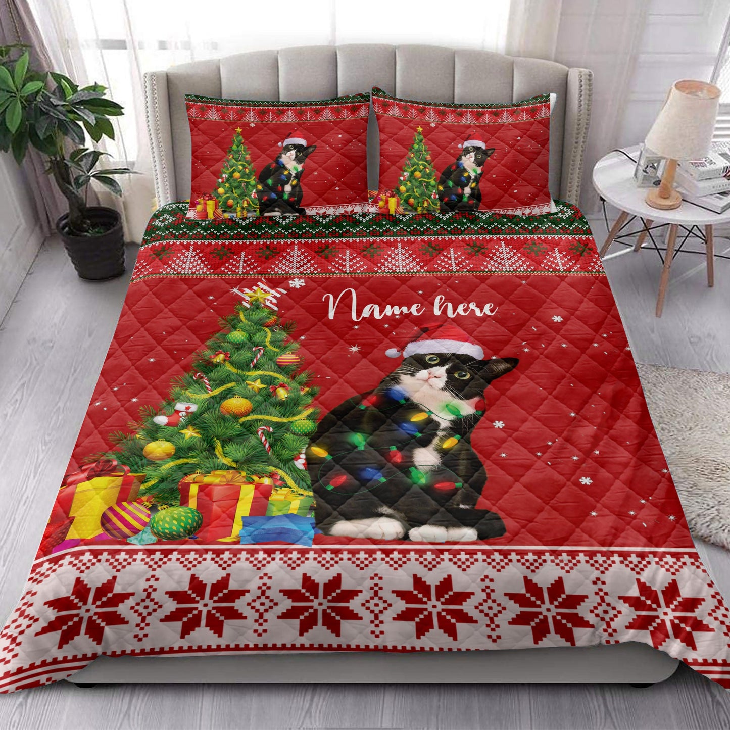 Personalized Tuxedo Cat Quilt Set, Tuxedo Catmas Tree String Light Quilt Blanket With Pillowcases, Custom Name Quilt Bedding Set, Christmas Gift