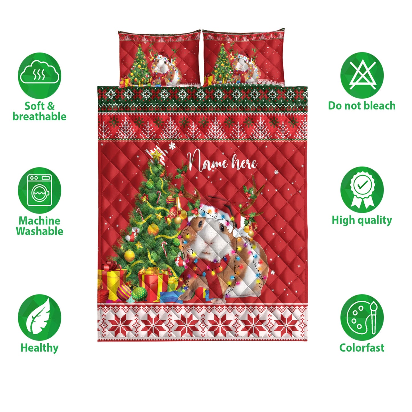Personalized Guinea Pig Quilt Set, Guinea Pigmas Tree String Light Quilt Blanket With Pillowcases, Custom Name Quilt Bedding Set, Christmas Gift