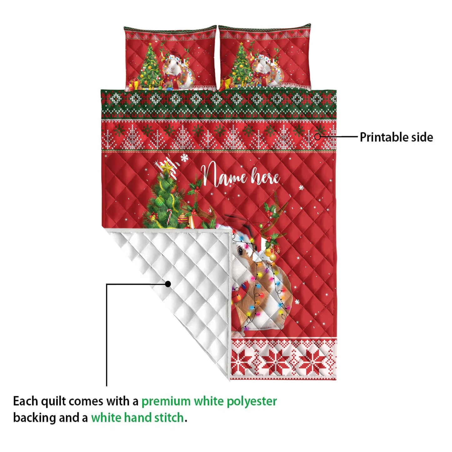 Personalized Guinea Pig Quilt Set, Guinea Pigmas Tree String Light Quilt Blanket With Pillowcases, Custom Name Quilt Bedding Set, Christmas Gift
