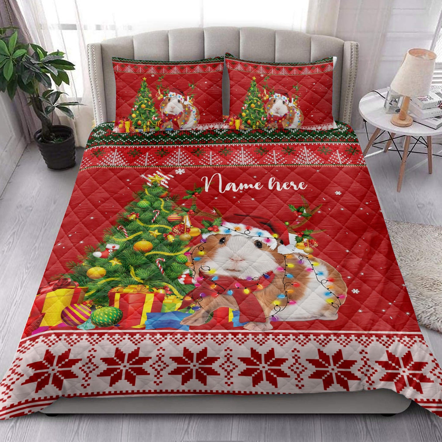 Personalized Guinea Pig Quilt Set, Guinea Pigmas Tree String Light Quilt Blanket With Pillowcases, Custom Name Quilt Bedding Set, Christmas Gift