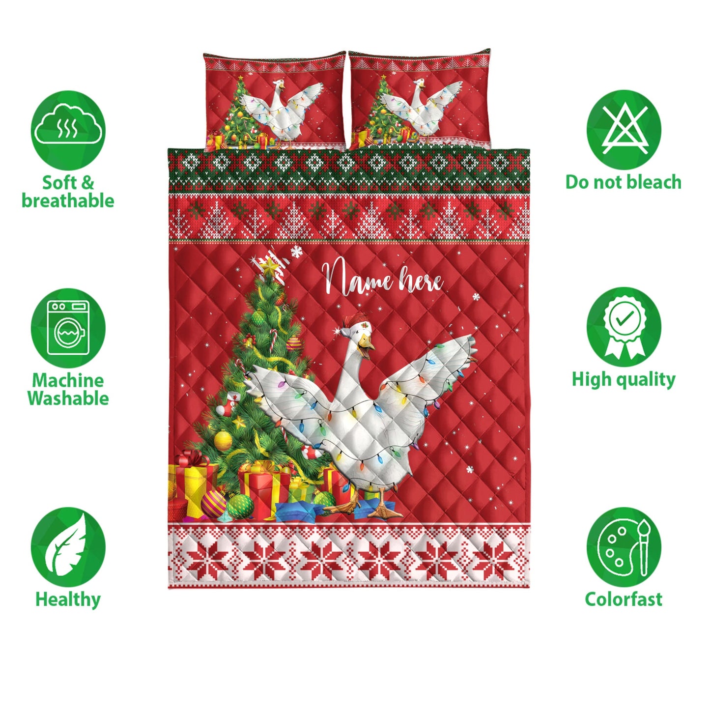 Personalized Duck Quilt Set, Duck Farmmas Tree String Light Quilt Blanket With Pillowcases, Custom Name Quilt Bedding Set, Christmas Gift