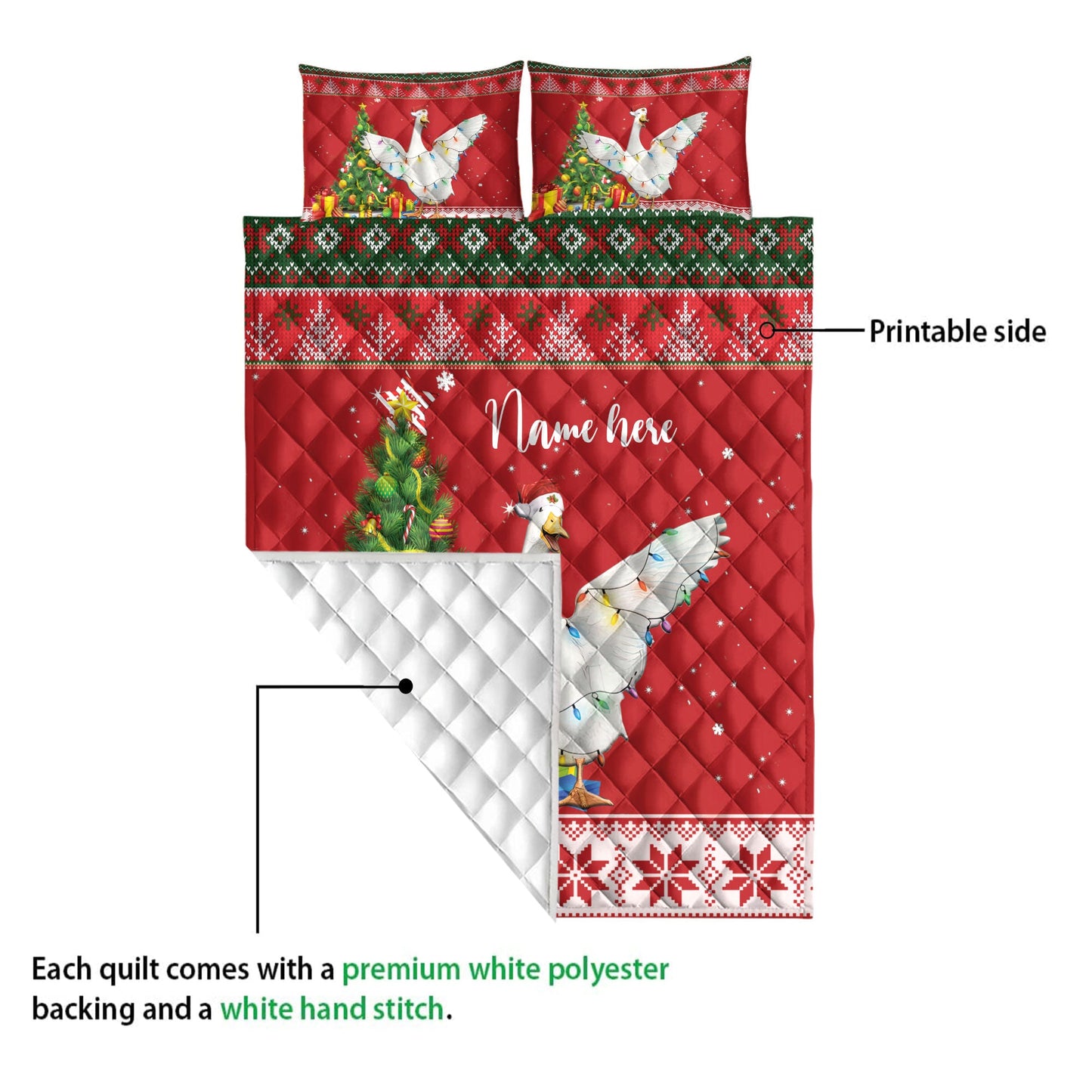 Personalized Duck Quilt Set, Duck Farmmas Tree String Light Quilt Blanket With Pillowcases, Custom Name Quilt Bedding Set, Christmas Gift