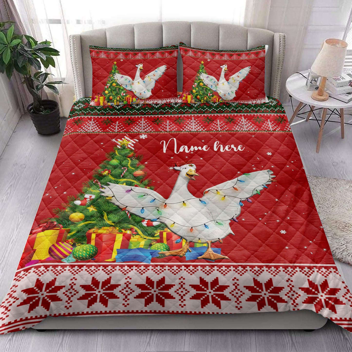 Personalized Duck Quilt Set, Duck Farmmas Tree String Light Quilt Blanket With Pillowcases, Custom Name Quilt Bedding Set, Christmas Gift