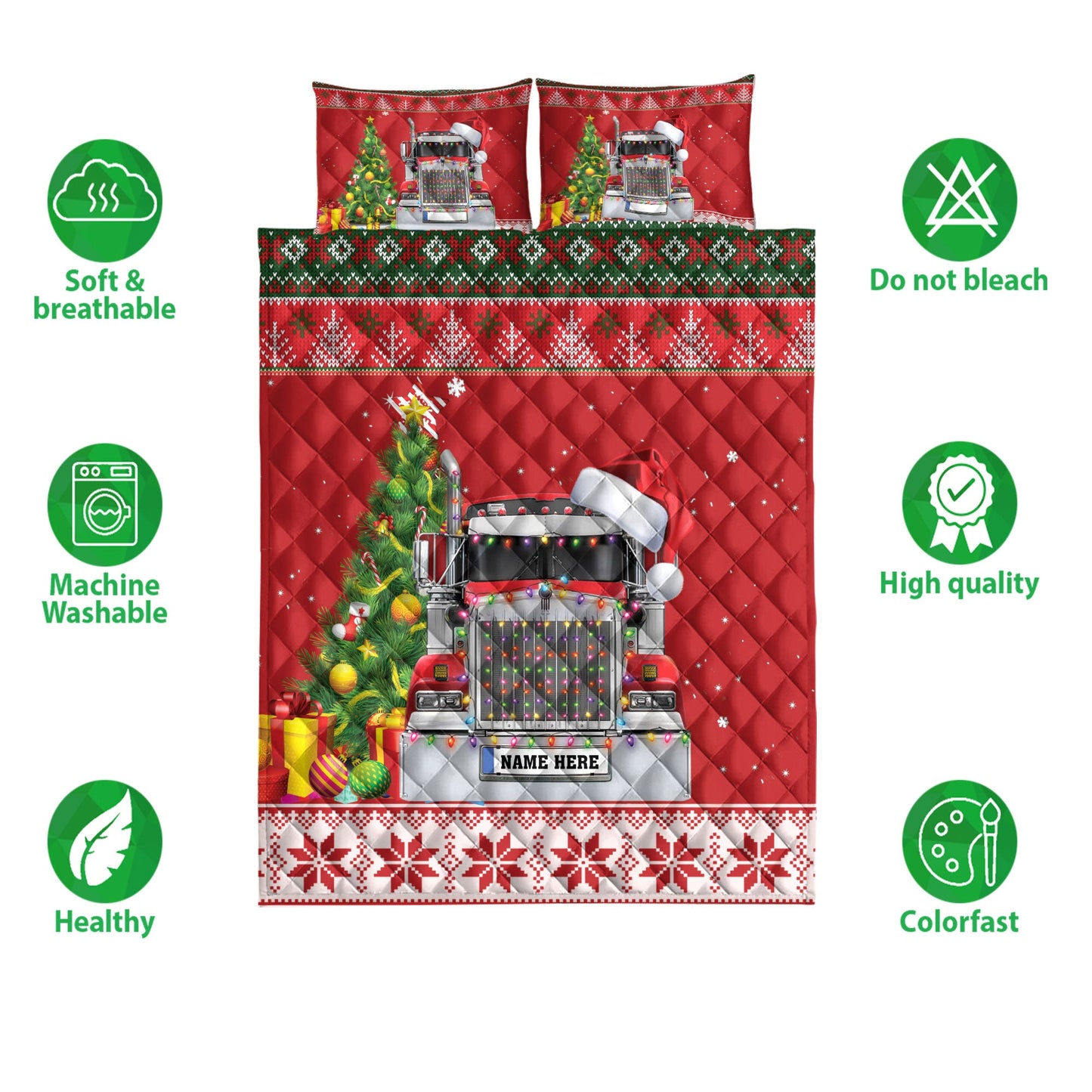 Personalized Trucker Quilt Set, Red Truckermas Tree String Light Quilt Blanket With Pillowcases, Custom Name Quilt Bedding Set, Christmas Gift