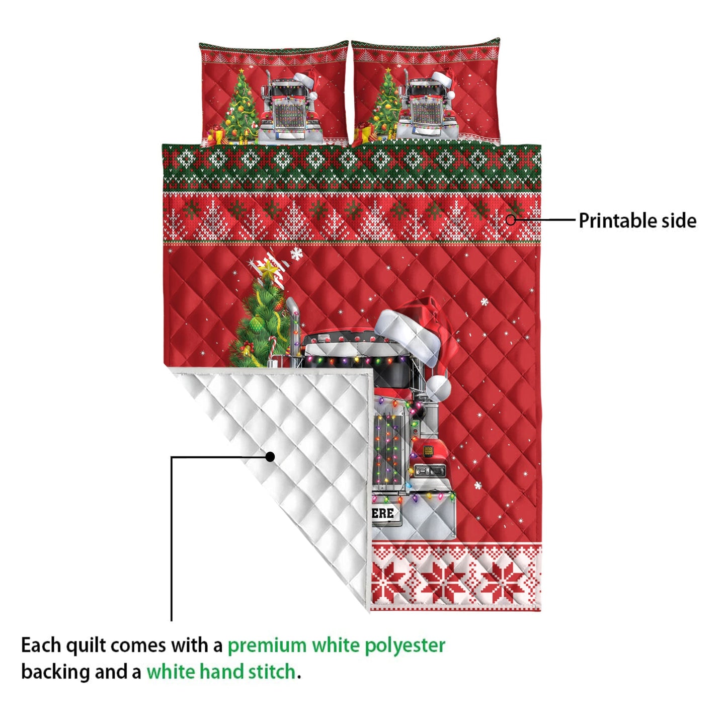 Personalized Trucker Quilt Set, Red Truckermas Tree String Light Quilt Blanket With Pillowcases, Custom Name Quilt Bedding Set, Christmas Gift