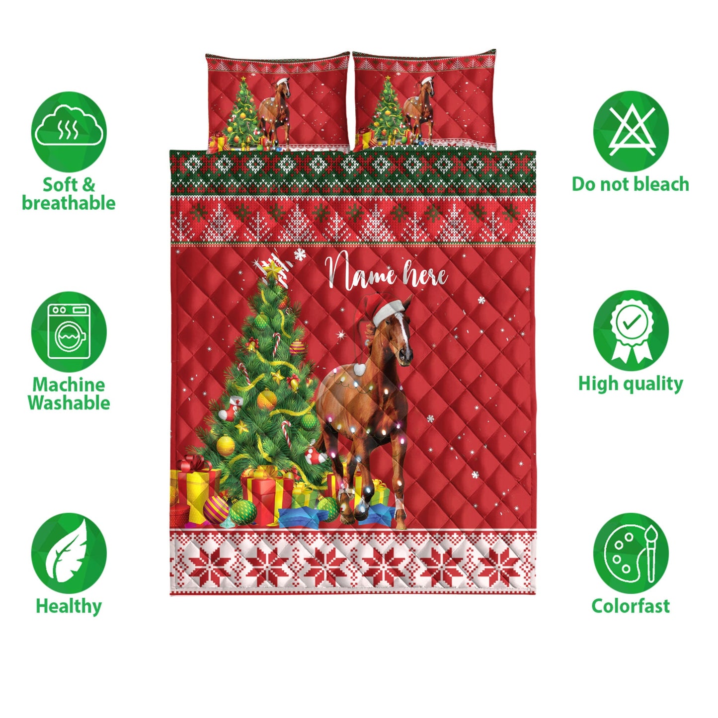 Personalized Horse Quilt Set, Horsemas Tree String Light Quilt Blanket With Pillowcases, Custom Name Quilt Bedding Set, Christmas Gift