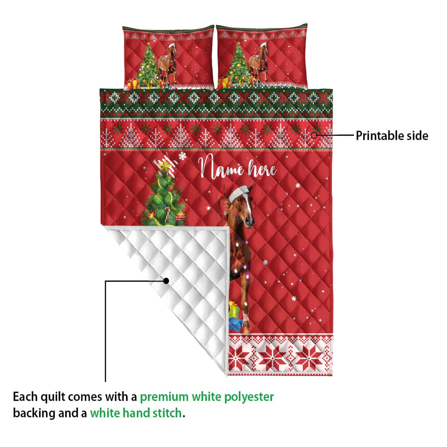 Personalized Horse Quilt Set, Horsemas Tree String Light Quilt Blanket With Pillowcases, Custom Name Quilt Bedding Set, Christmas Gift