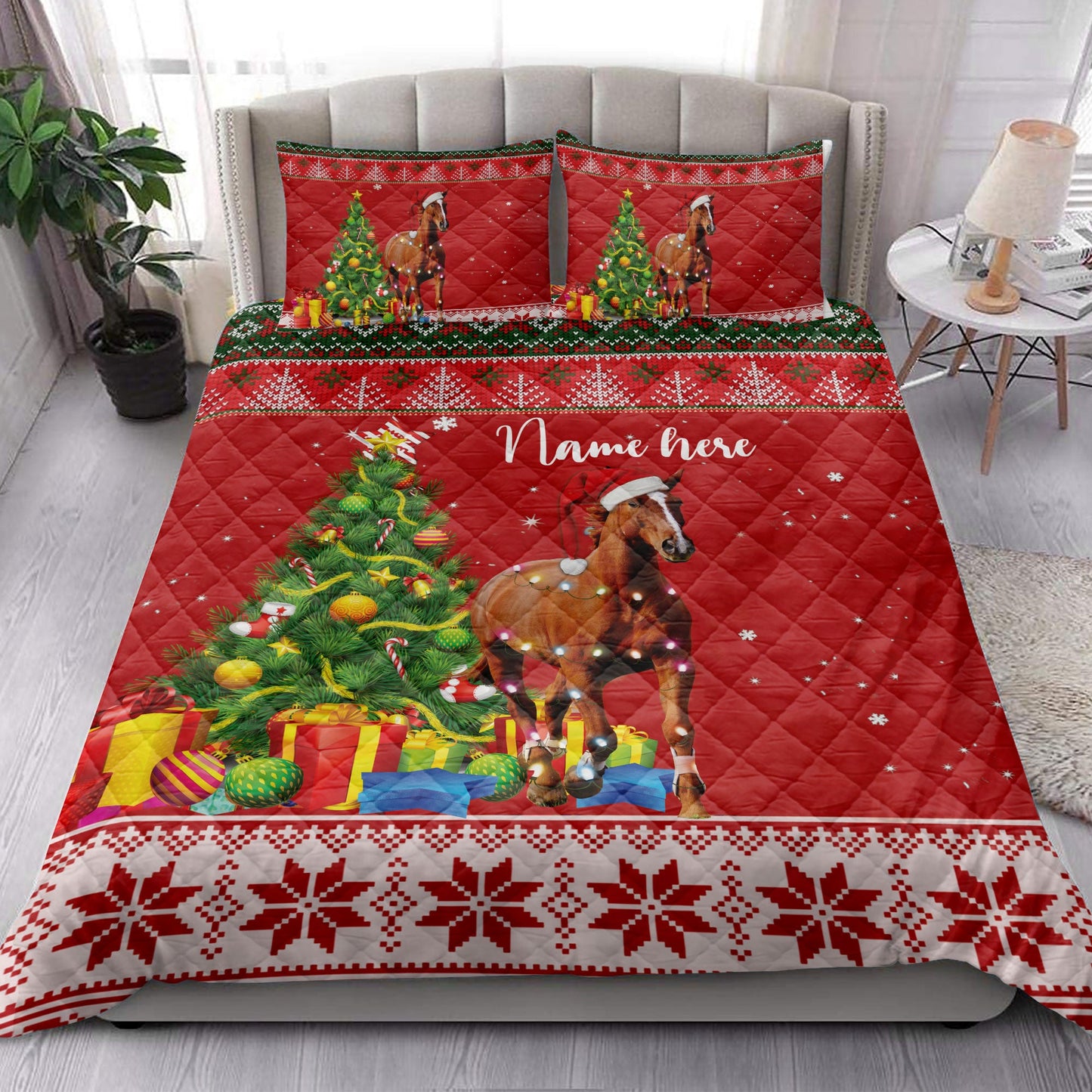 Personalized Horse Quilt Set, Horsemas Tree String Light Quilt Blanket With Pillowcases, Custom Name Quilt Bedding Set, Christmas Gift