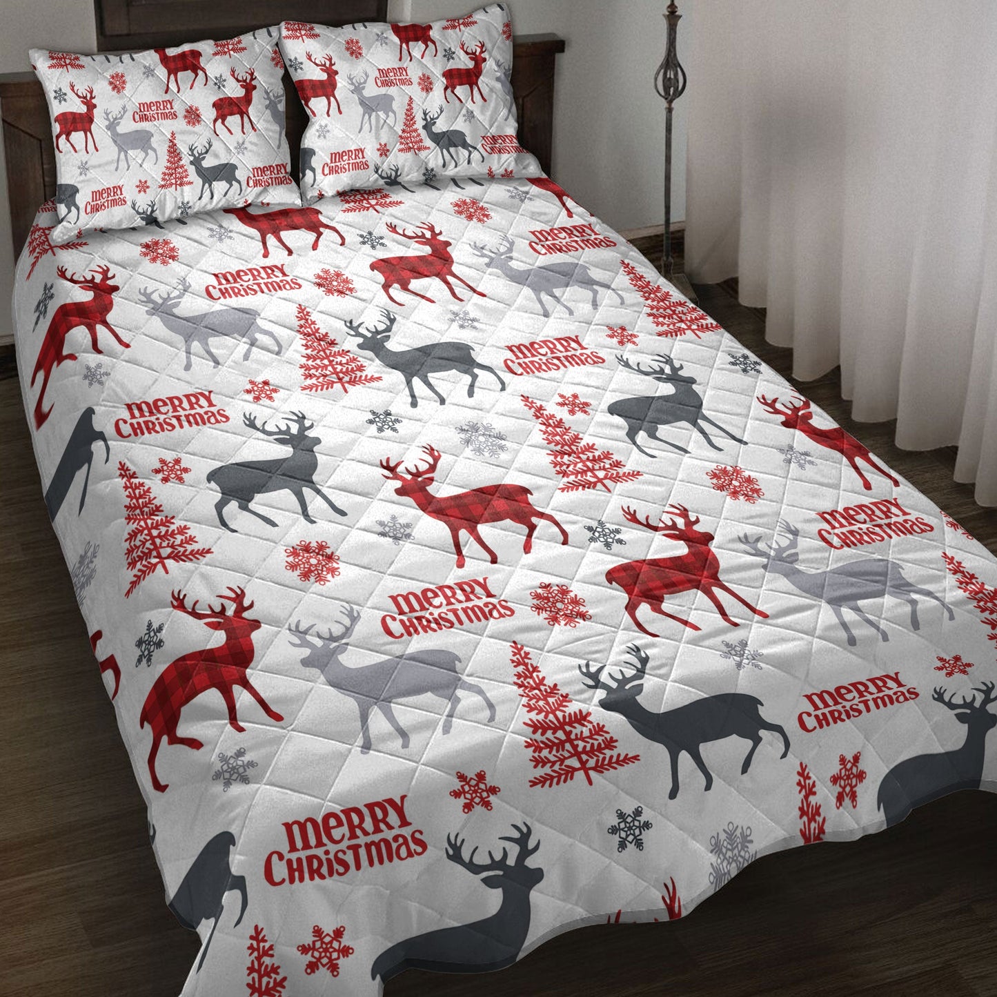Deer Quilt Set, Deer Withmas Tree Snowflakes Deer Hunter Quilt Blanket With Pillowcases, Quilt Bedding Set, Christmas Gift