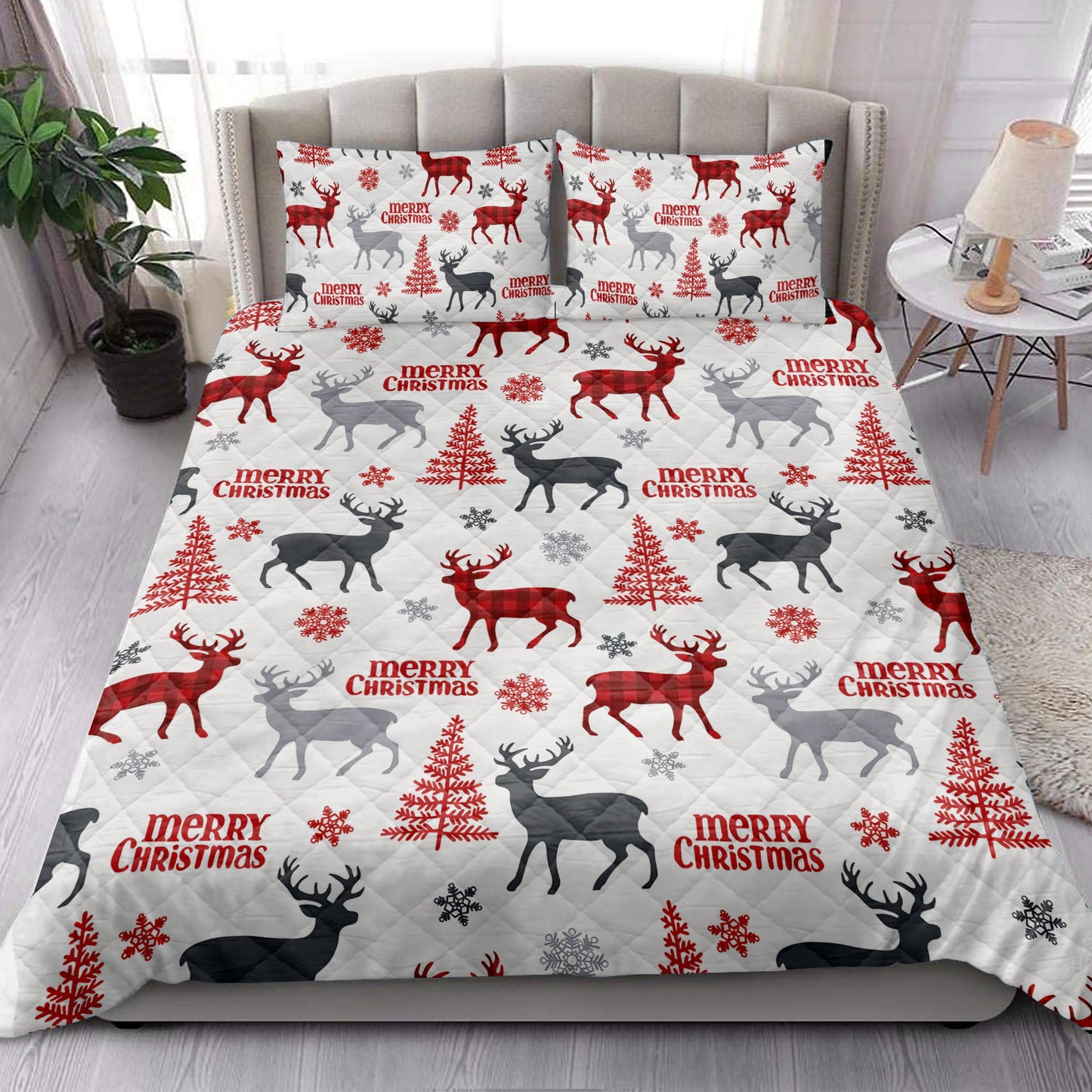 Deer Quilt Set, Deer Withmas Tree Snowflakes Deer Hunter Quilt Blanket With Pillowcases, Quilt Bedding Set, Christmas Gift
