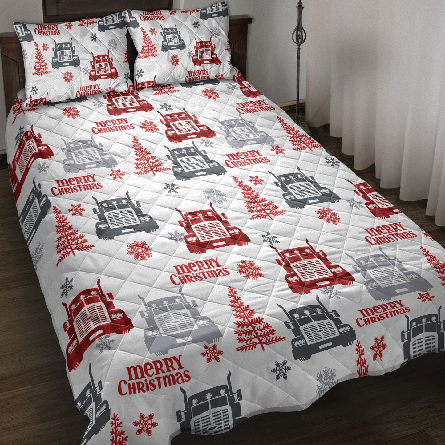 Trucker Quilt Set, Red Truckmas Tree Snowflakes Love Trucker Truck Driver Quilt Blanket With Pillowcases, Quilt Bedding Set, Christmas Gift