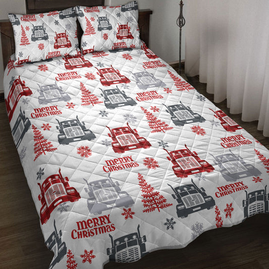 Trucker Quilt Set, Red Truckmas Tree Snowflakes Love Trucker Truck Driver Quilt Blanket With Pillowcases, Quilt Bedding Set, Christmas Gift