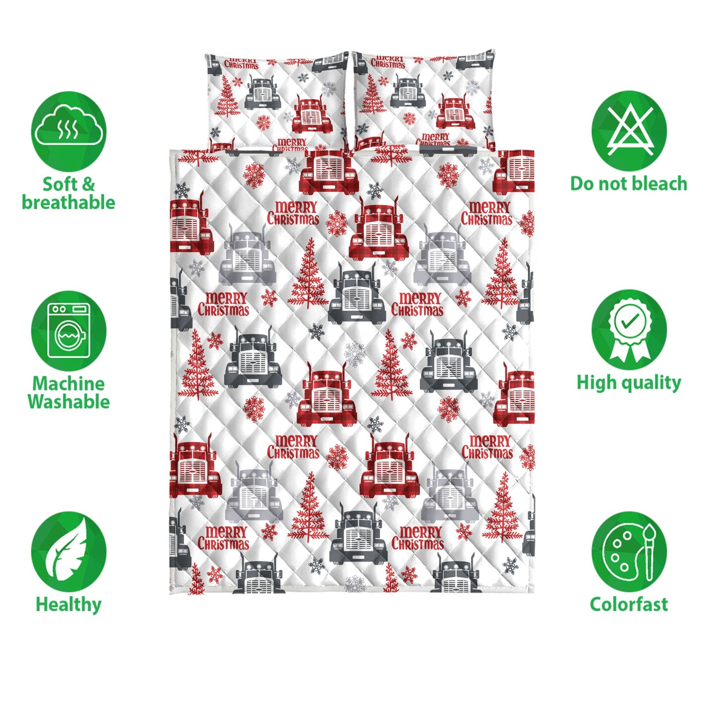 Trucker Quilt Set, Red Truckmas Tree Snowflakes Love Trucker Truck Driver Quilt Blanket With Pillowcases, Quilt Bedding Set, Christmas Gift