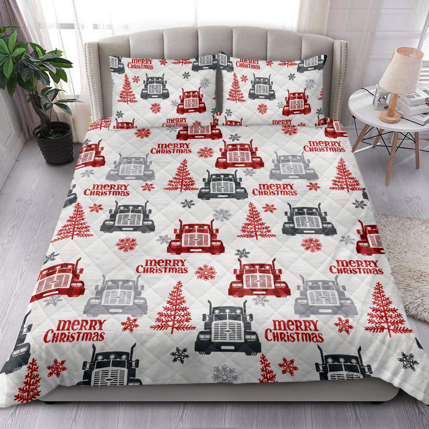 Trucker Quilt Set, Red Truckmas Tree Snowflakes Love Trucker Truck Driver Quilt Blanket With Pillowcases, Quilt Bedding Set, Christmas Gift