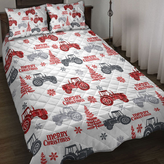 Tractor Quilt Set, Red Tractor Farm Country Withmas Tree Farmer Quilt Blanket With Pillowcases, Quilt Bedding Set, Christmas Gift