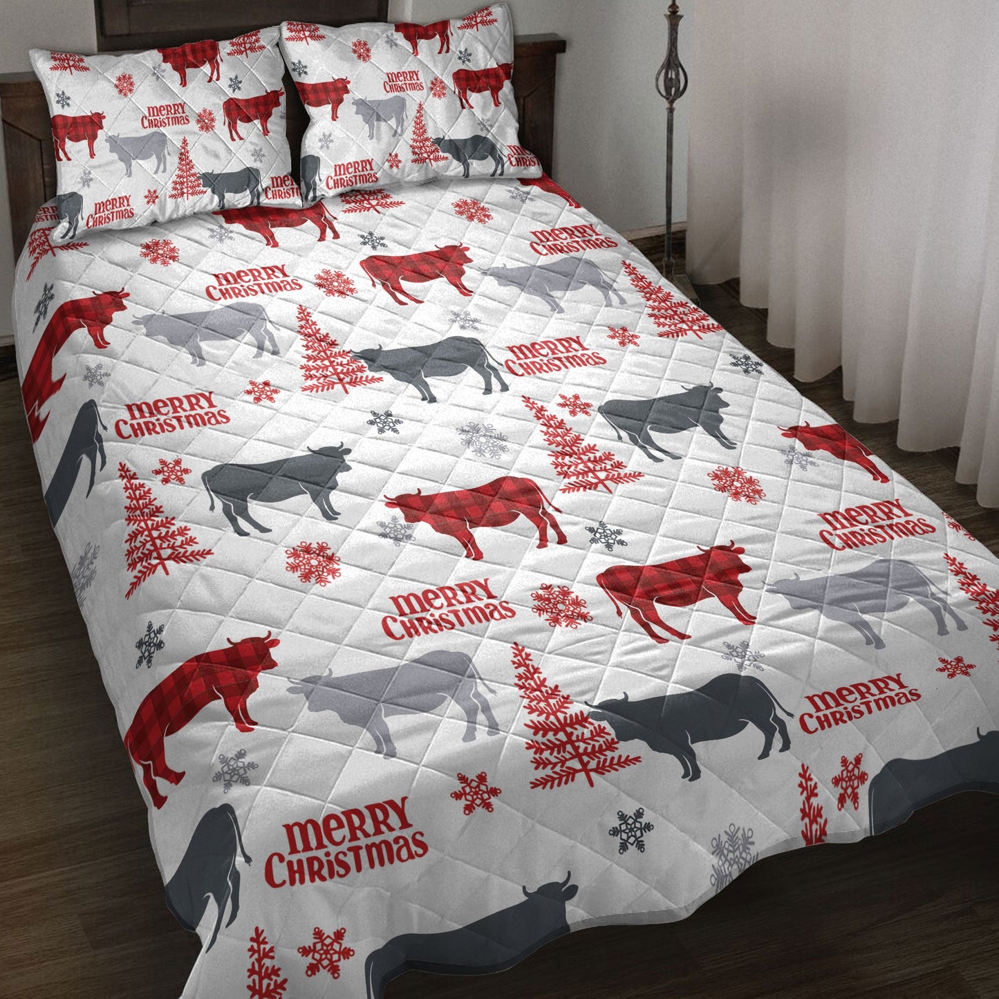 Cow Quilt Set, Cow Farm Country Withmas Tree Snowflakes Quilt Blanket With Pillowcases, Quilt Bedding Set, Christmas Gift