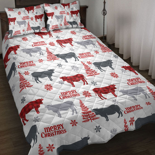 Cow Quilt Set, Cow Farm Country Withmas Tree Snowflakes Quilt Blanket With Pillowcases, Quilt Bedding Set, Christmas Gift
